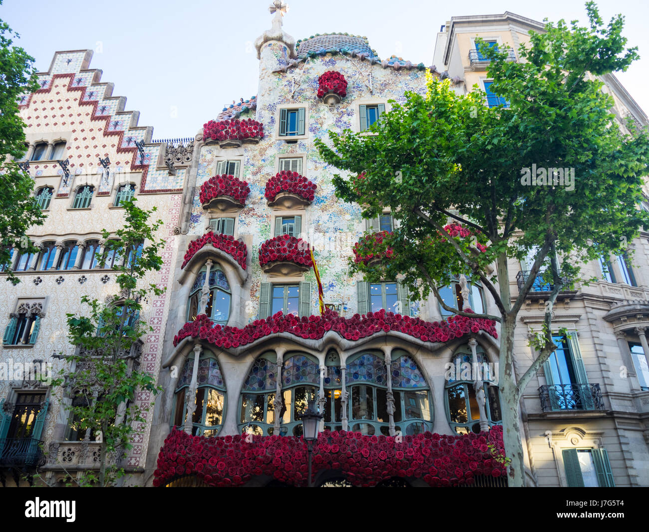 Casa Batlló, progettato da Antoni Gaudi, adornata con Red Rosette festeggia Sant Jordi giorno, Barcelona, Spagna. Foto Stock