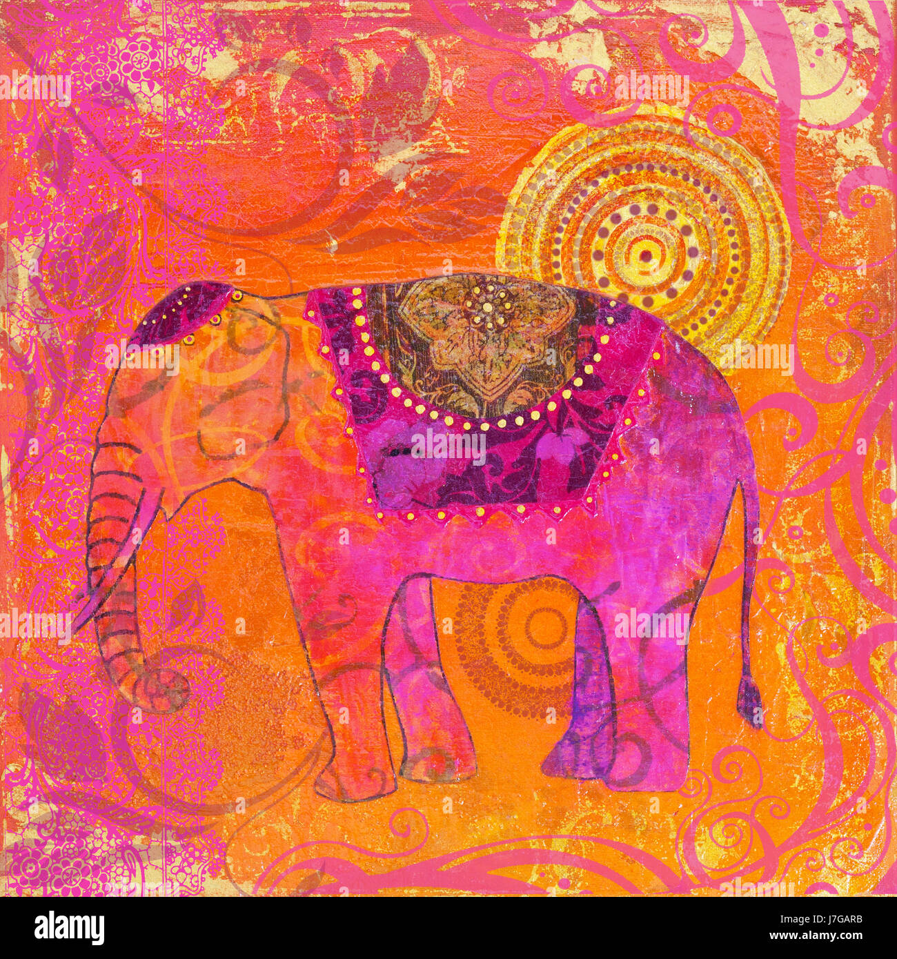 Arte elefante animale illustrazione pittura dipinta di colore arancione dyer staint pigmento Foto Stock