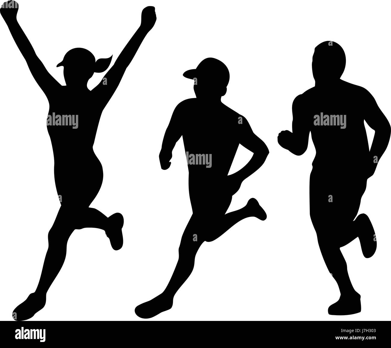 Insieme di raccolta di illustrazioni delle sagome di maschio e femmina triatleta maratona runner acceso vincendo gara di finitura su sfondo isolato. Illustrazione Vettoriale