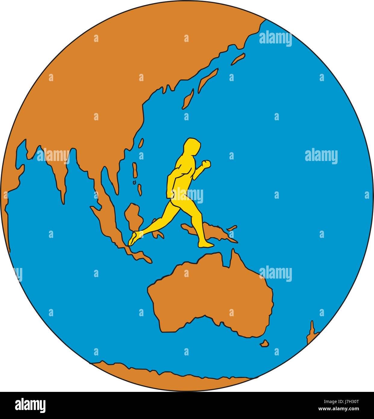 Disegno stile sketch illustrazioni di maratona triatleta runner in esecuzione osservata dal lato interno set globe mostra Asia Pacifico e il mondo. Illustrazione Vettoriale