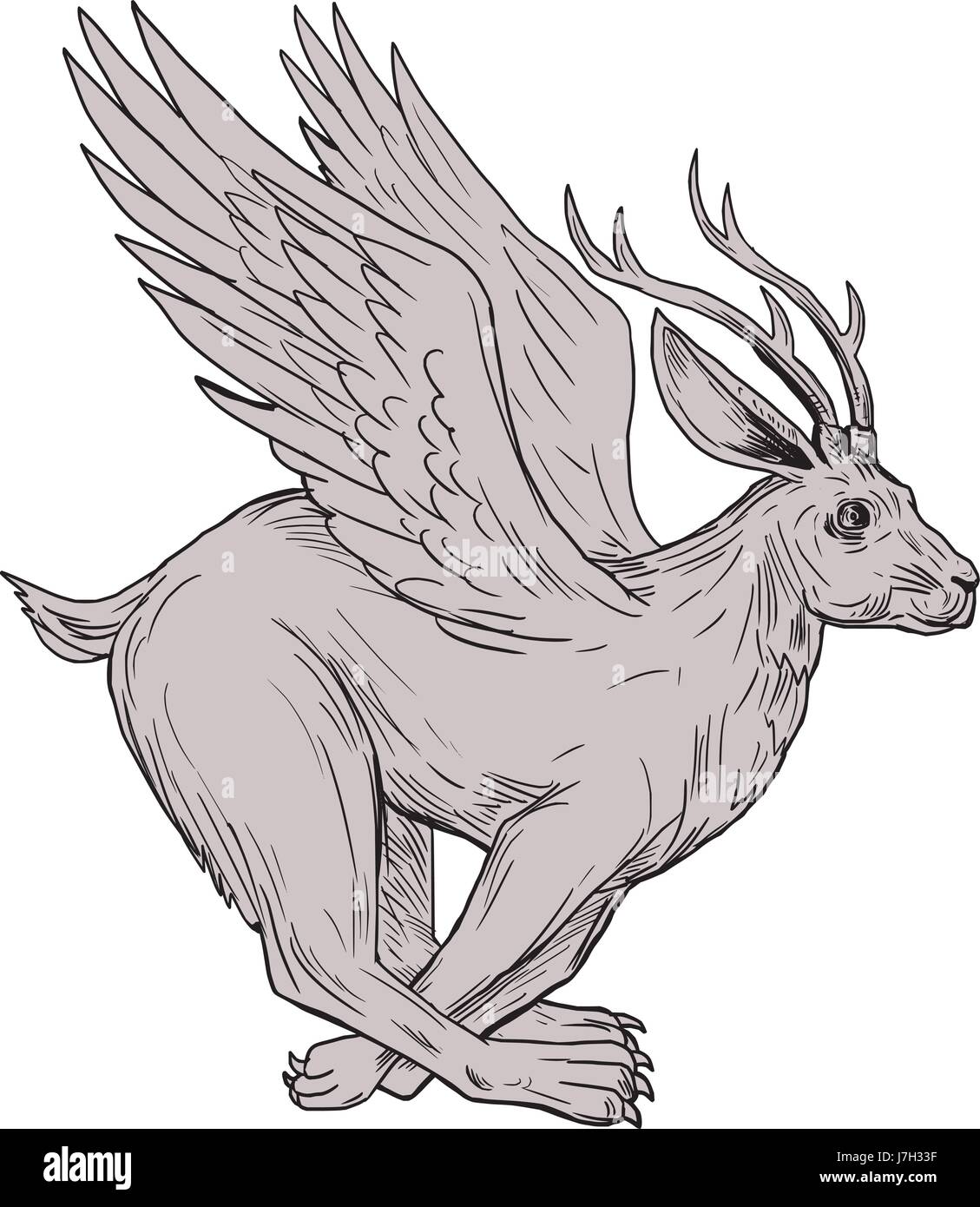 Disegno stile sketch illustrazione di un Wolpertinger, nel folclore bavarese, a un mitico lepre con corna, zanne e ali in esecuzione osservata dal lato Illustrazione Vettoriale