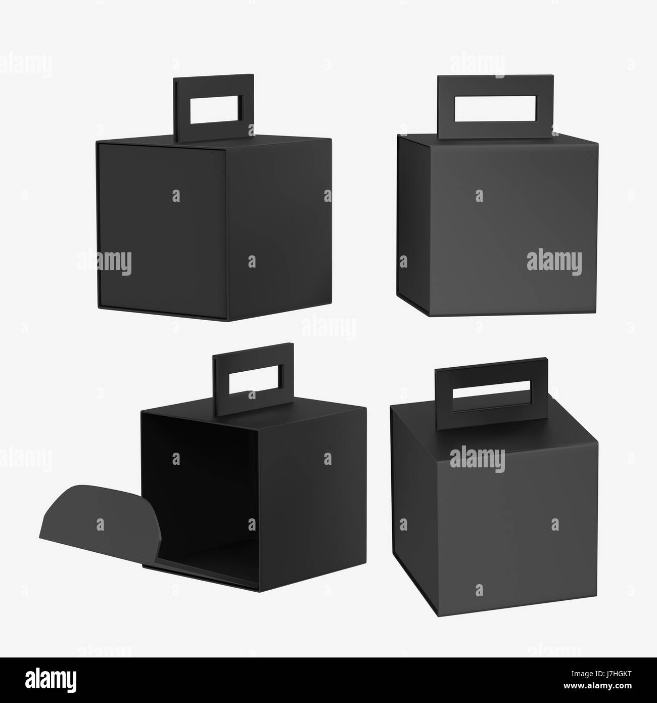 Carta nera scatola in cartone con maniglia, percorso di clipping incluso. Pacchetto di modelli per la varietà di prodotti alimentari simili, dono, bibite o stazionario. pronto per Foto Stock