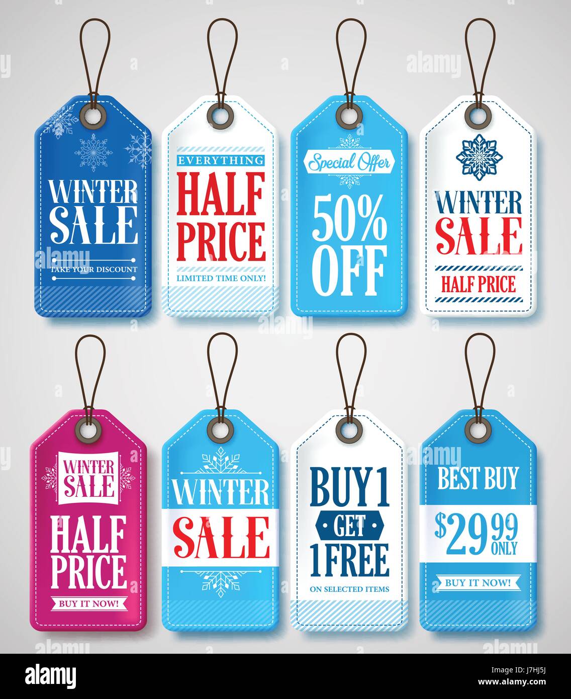 Inverno vendita set di tag per la stagione promozioni nei punti vendita con  etichette appese in background con i colori blu e bianchi. Illustrazione  Vettoriale Immagine e Vettoriale - Alamy