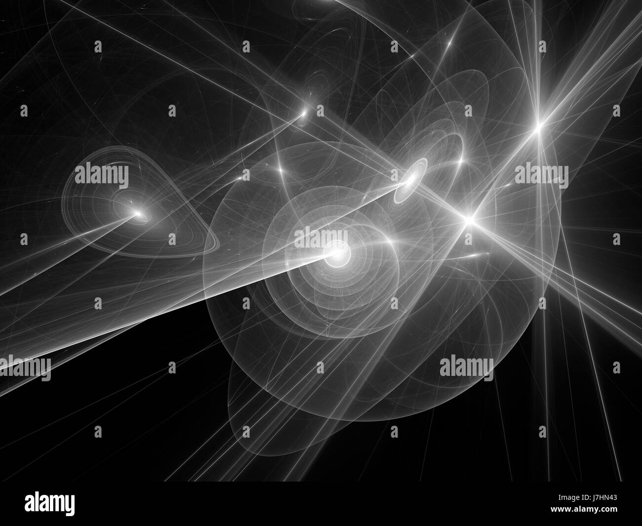 Spirale incandescente di sistemi planetari con traiettorie nello spazio bianco e nero texture astratta, rendering 3D Foto Stock