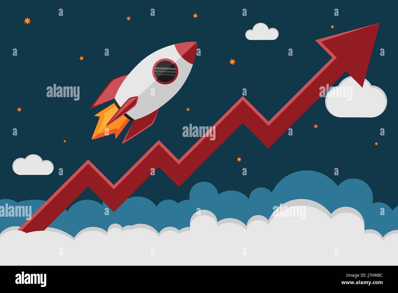 Razzo decollare nel cosmo e un grafico rosso aumentare. Avvio del business e lo sviluppo e la crescita dell'economia, il nuovo progetto di investimenti. Illustrazione Vettoriale