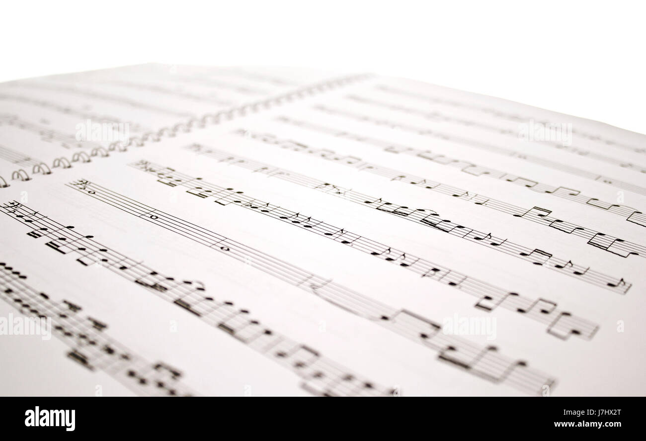 Musica nota isolato fino a pagina foglio sullo sfondo bianco di sfondo ha scritto di scrittura Foto Stock