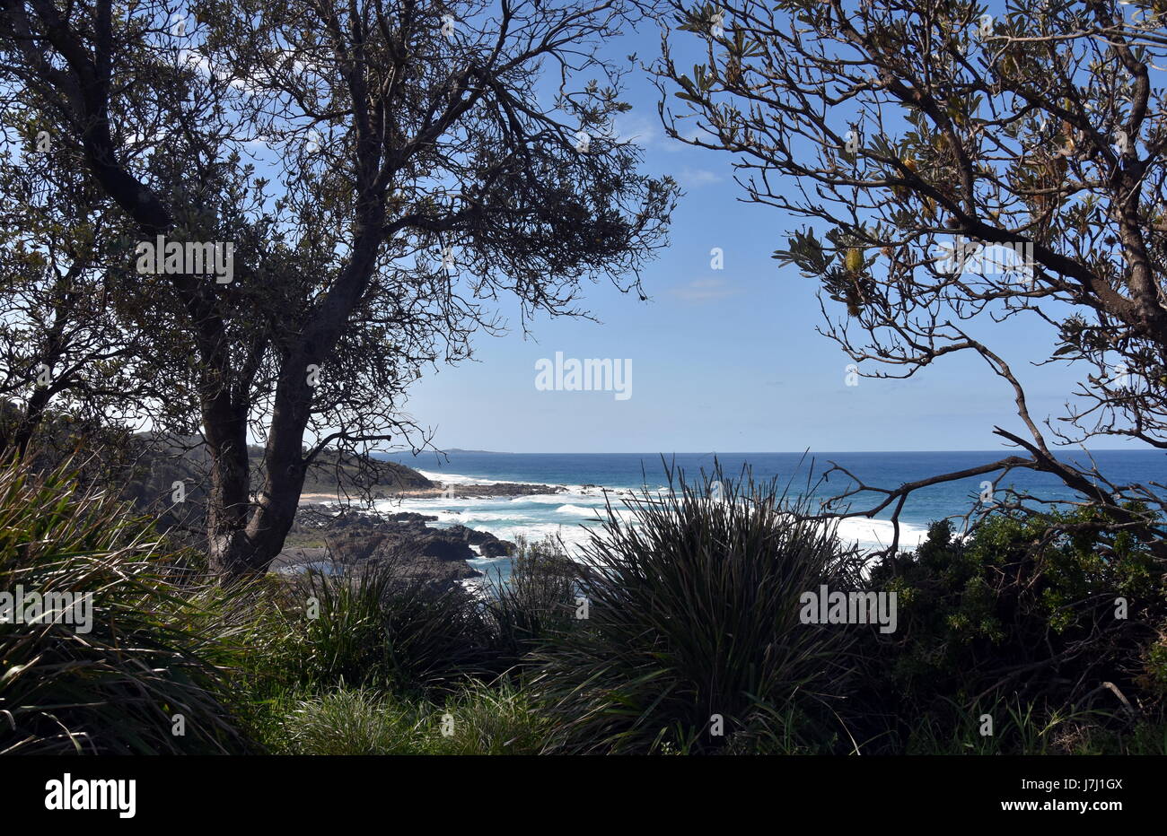 1080 spiaggia di Eurobodalla Parco Nazionale vicino al mistero Bay sull'estremo sud della costa del NSW è un ottimo posto per fare surf, pesca e picnic con vista Foto Stock