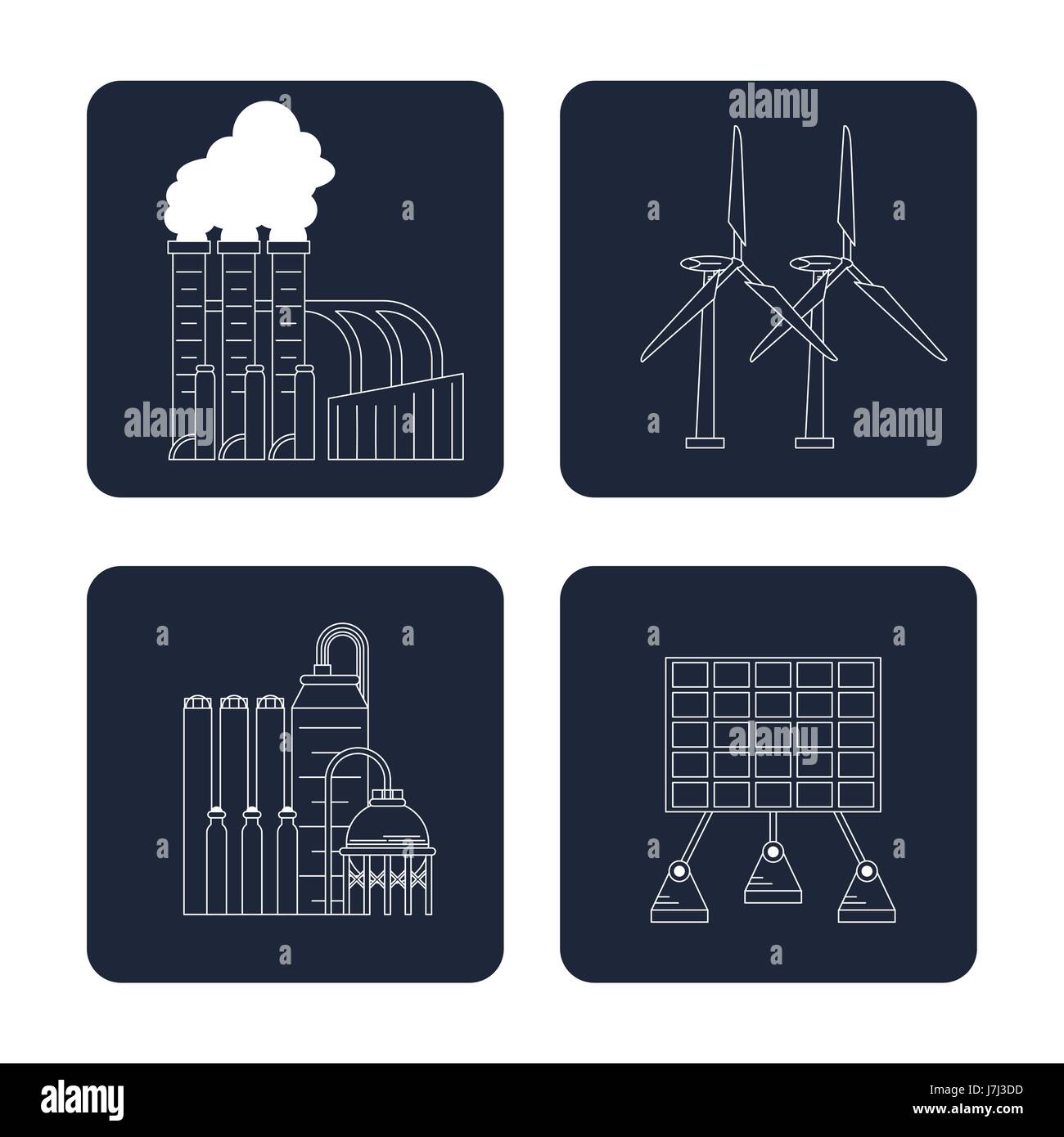 Colore blu scuro i pulsanti quadrati impostare silhouette con tipo di fonti di energia rinnovabili Illustrazione Vettoriale