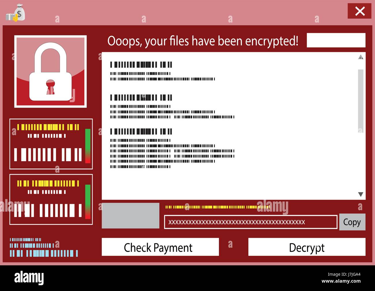 Attacco di software dannoso. riscatto nome del malware è wanna cry, cyber attacco di virus il mondo, Ransomware virus blocco crittografato file e visualizza per pagamento bitcoin, ve Illustrazione Vettoriale