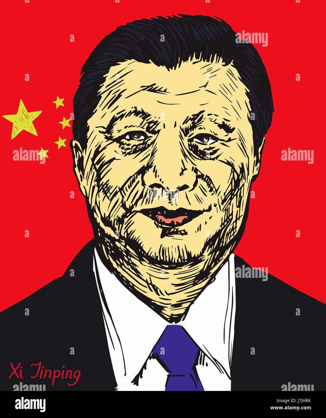 Xi Jinping, Segretario Generale del Partito Comunista della Cina, il Presidente della Repubblica popolare di Cina, bandiera sfondo, disegnati a mano illustrazione Foto Stock