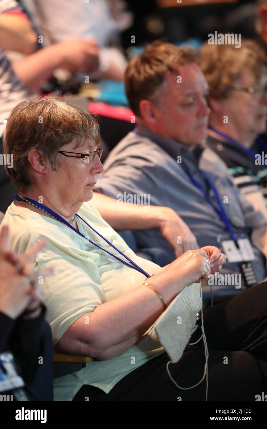 Un delegato maglieria durante l Assemblea Generale della Chiesa di Scozia a Edimburgo. Foto Stock