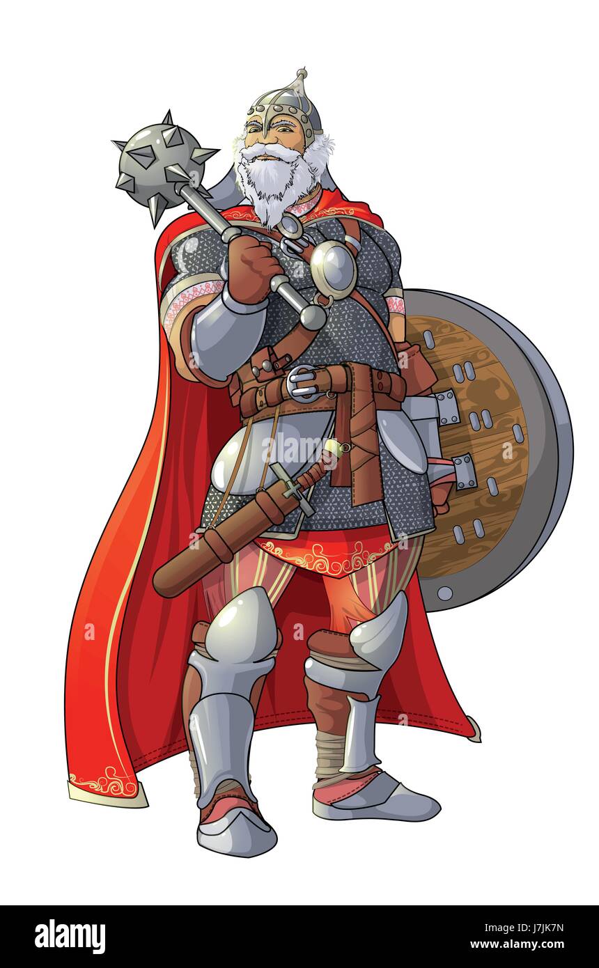 Viking con club e la protezione su sfondo bianco Illustrazione Vettoriale