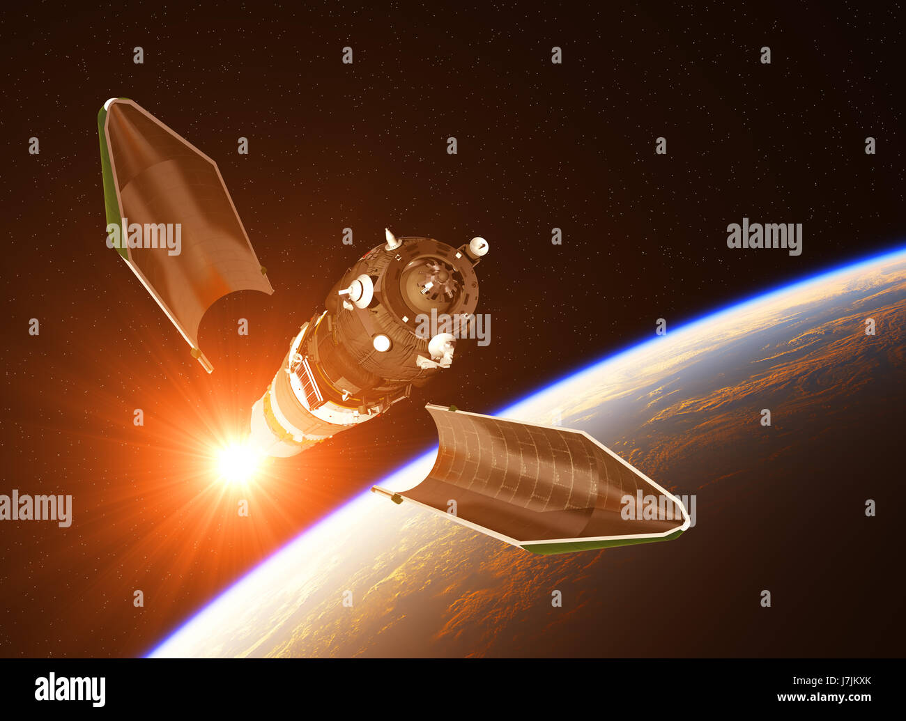 Il lancio del veicolo spaziale Cargo sullo sfondo del Sol Levante. 3D'illustrazione. Foto Stock