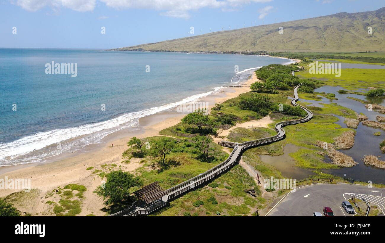 Le immagini aeree in tutto il Kealia stagni di pesce a Maui Hawaii, mostrando la passerella pedonale che costeggia la spiaggia. Foto Stock