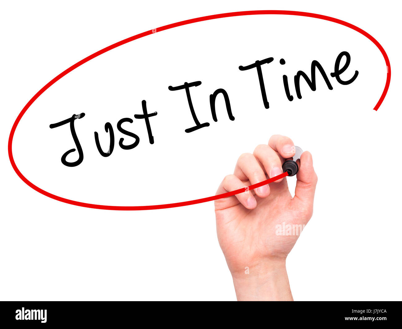 Man mano che scrive appena in tempo con il pennarello nero su schermo visivo. Isolato su bianco. Business, tecnologia internet concetto. Stock Photo Foto Stock