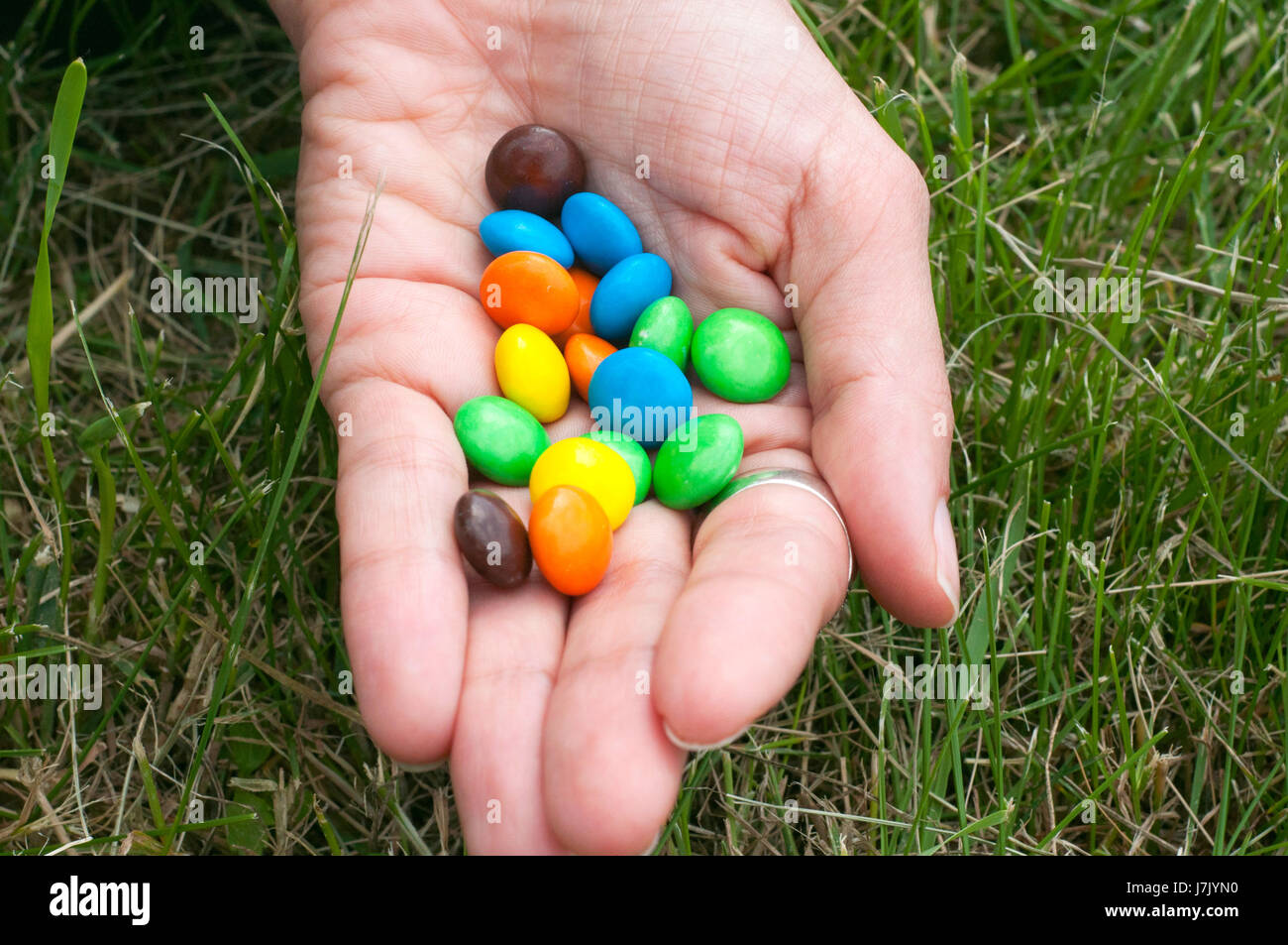 Colorata cioccolatini a portata di mano della ragazza piuttosto isolato su  sfondo di erba Foto stock - Alamy