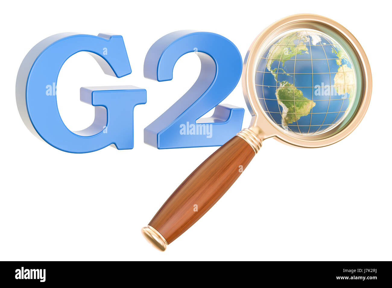 G20 concetto con globo terrestre e alla lente di ingrandimento, rendering 3D isolati su sfondo bianco Foto Stock