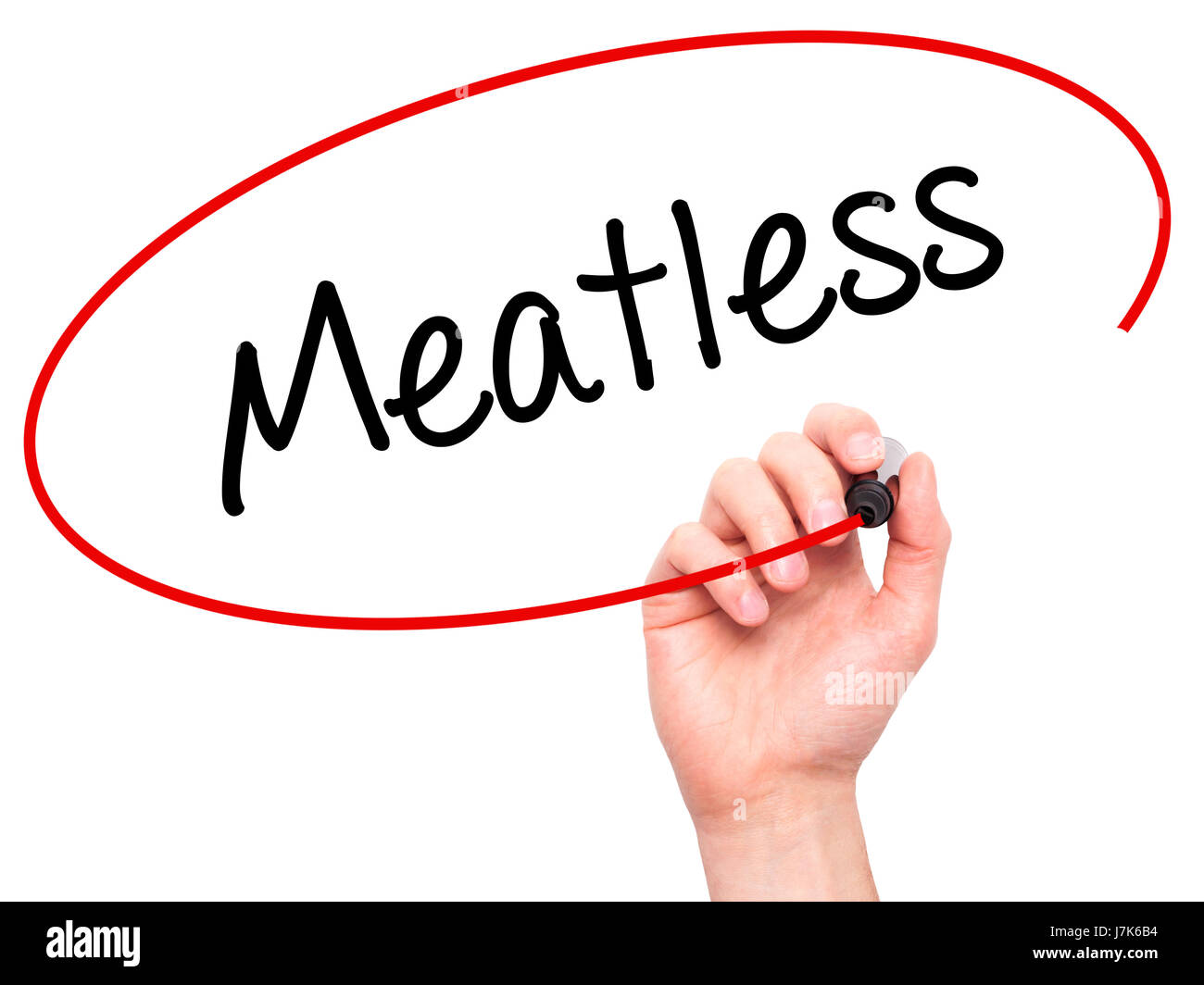 Man mano senza carne di scrittura con pennarello nero su schermo visivo. Isolato su bianco. Business, tecnologia internet concetto. Stock Photo Foto Stock