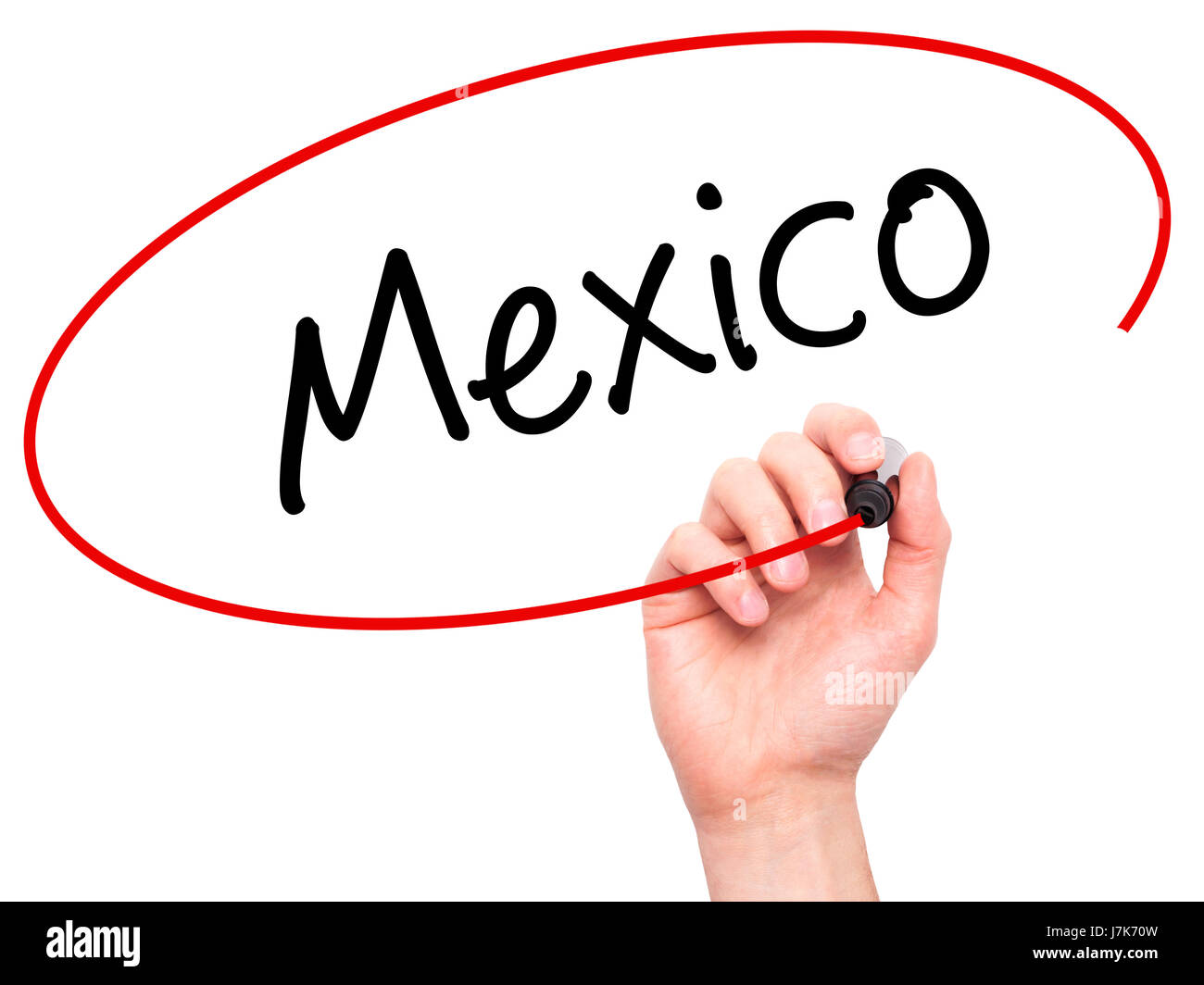 Man mano che scrive il Messico con il pennarello nero su schermo visivo. Isolato su bianco. Business, tecnologia internet concetto. Stock Photo Foto Stock
