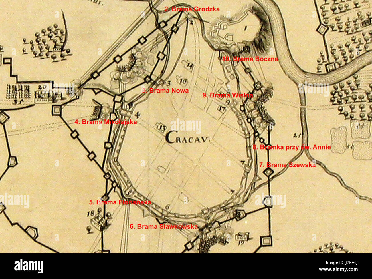 Questa mappa mostra le porte della città di KrakÃ³w, Polonia, del 1657. Fornisce informazioni sulla struttura storica della città e sulle fortificazioni, evidenziando l'importanza strategica di queste porte durante il periodo. Foto Stock