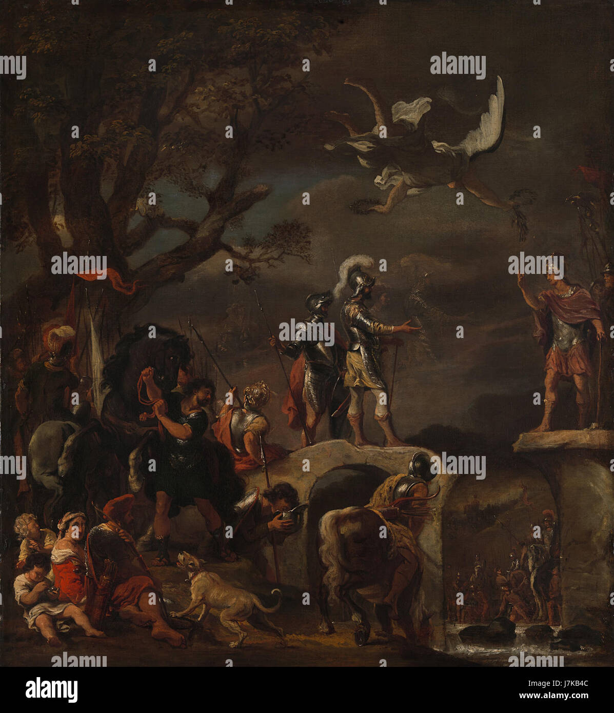 Questa opera raffigura i negoziati di pace tra Claudio civile e Quinto Petillio Cereale in un ponte rotto, che rappresentano un momento di risoluzione storica dei conflitti. Cattura un evento chiave nella relazione tra l'Impero Romano e le tribù germaniche, simboleggiando la negoziazione e la diplomazia. Foto Stock