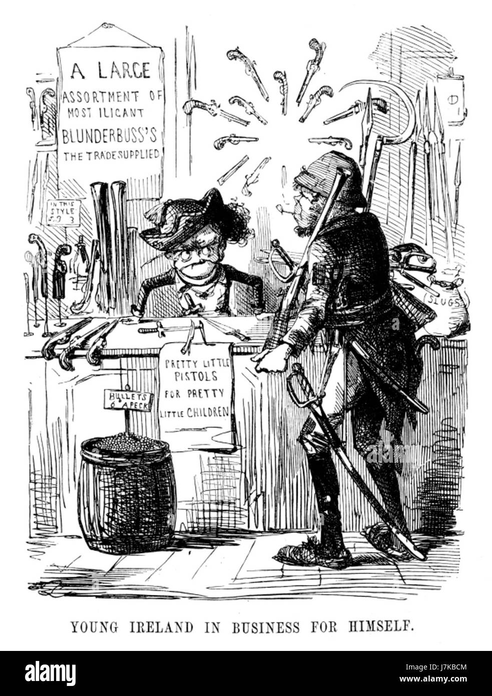 "Young Ireland in Business for Yourself” è un cartone satirico del 1846 della rivista Punch, che descrive il clima politico e le tensioni sociali del tempo con un acuto umorismo. Foto Stock
