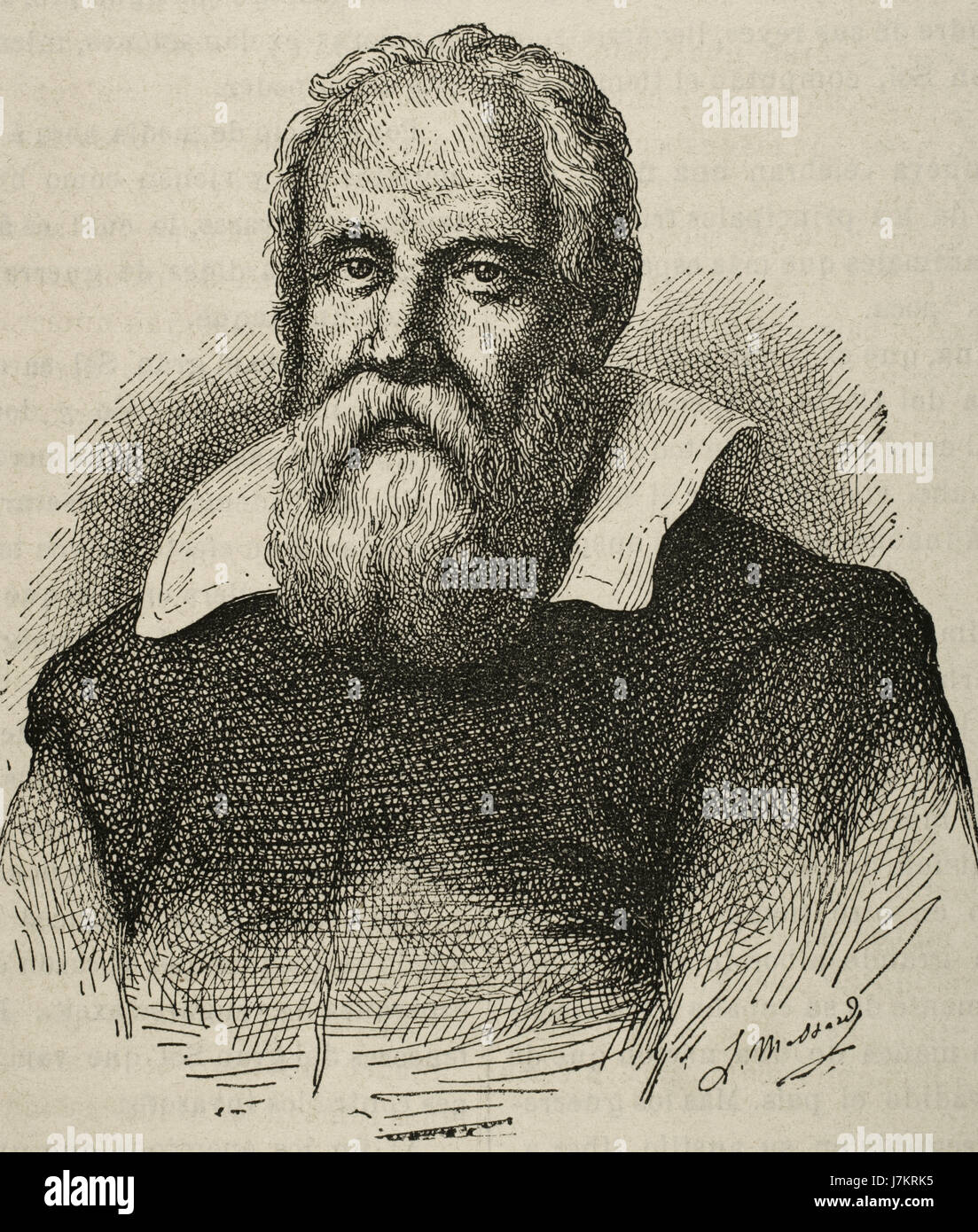 Galileo Galilei (1564-1642). Fisico italiano, matematico e astronomo. Ritratto. Incisione. 'Semanario Pintoresco familiare", 1877. Foto Stock