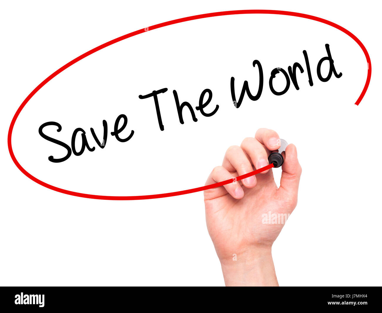 L'uomo la scrittura a mano per salvare il mondo con il pennarello nero su schermo visivo. Isolato su sfondo. Business, tecnologia internet concetto. Stock Photo Foto Stock