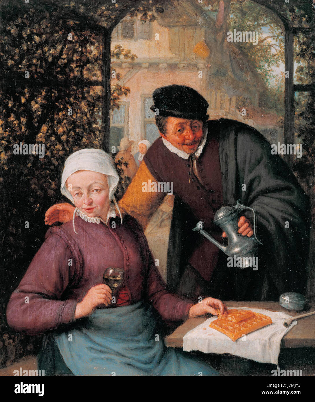 Questa opera d'arte di Adriaen van Ostade raffigura una coppia anziana seduta in un porticato, un tema comune nell'arte olandese del XVII secolo. Il pezzo riflette la vita quotidiana e le usanze sociali del tempo, catturando momenti intimi e tranquilli. Foto Stock