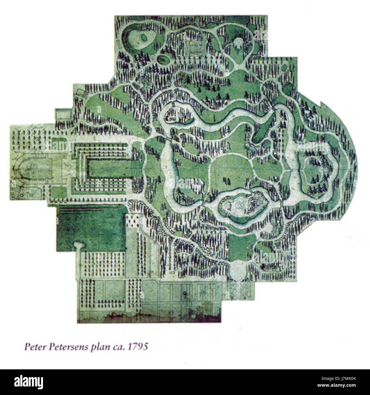 La rappresentazione di Frederiksberg Have (giardini di Frederiksberg) di A.P. Petersen del 1795 offre uno sguardo sul paesaggio storico della zona. I giardini, situati a Copenaghen, in Danimarca, erano un popolare luogo ricreativo durante il XVIII secolo, noto per il loro design ornamentale e le viste pittoresche. Foto Stock