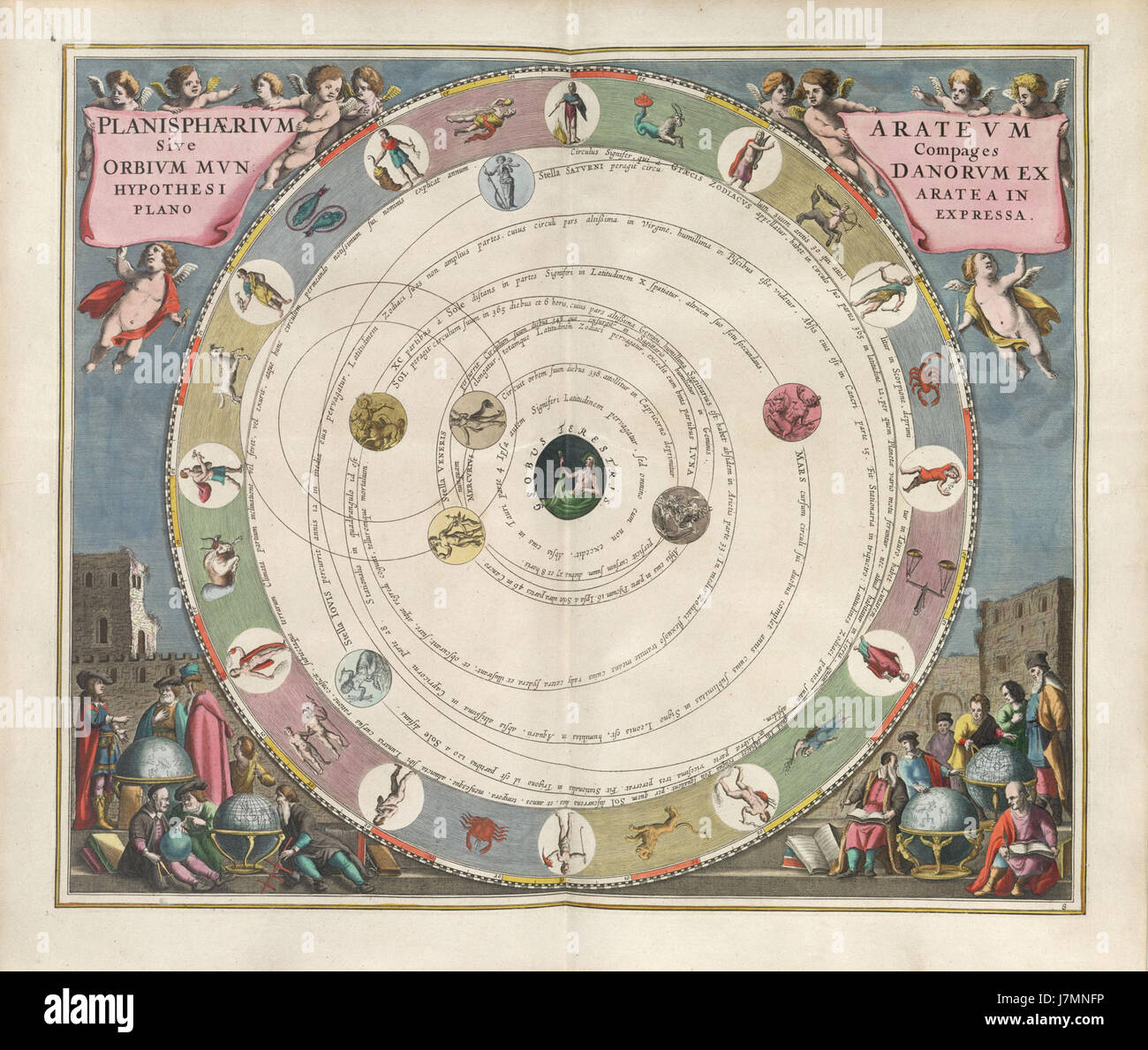 L'Harmonia Macrocosmica di Andreas Cellarius è un atlante del XVII secolo, caratterizzato da mappe celesti dettagliate. Il "Planisphaerium Arateum" rappresenta una mappa stellare basata sul lavoro di Arato, con i dettagli delle costellazioni e dei corpi celesti. Foto Stock