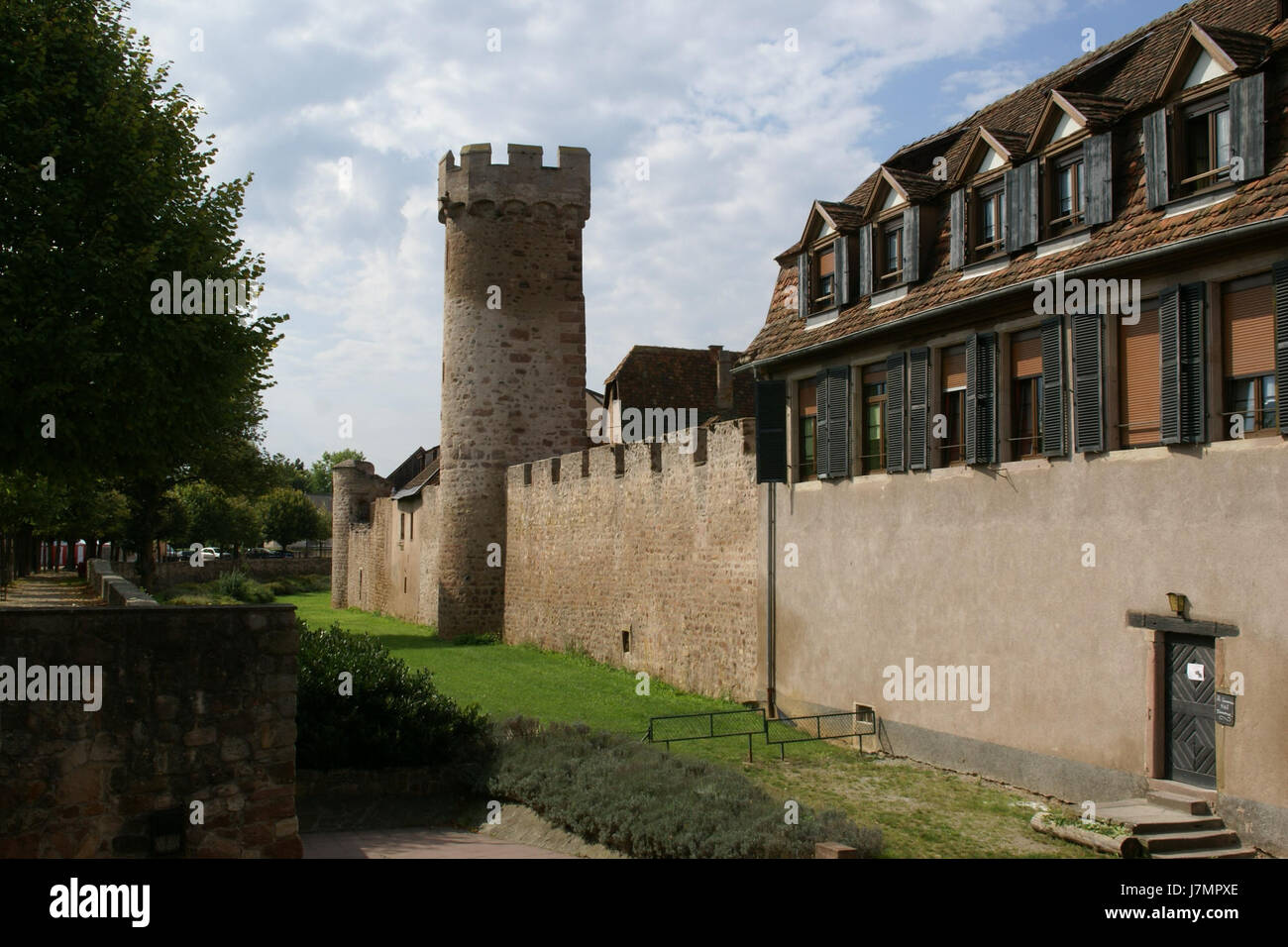 Un riferimento storico a una torre muraria di Obernai, Francia, che ne indica l'importanza architettonica e storica. Foto Stock