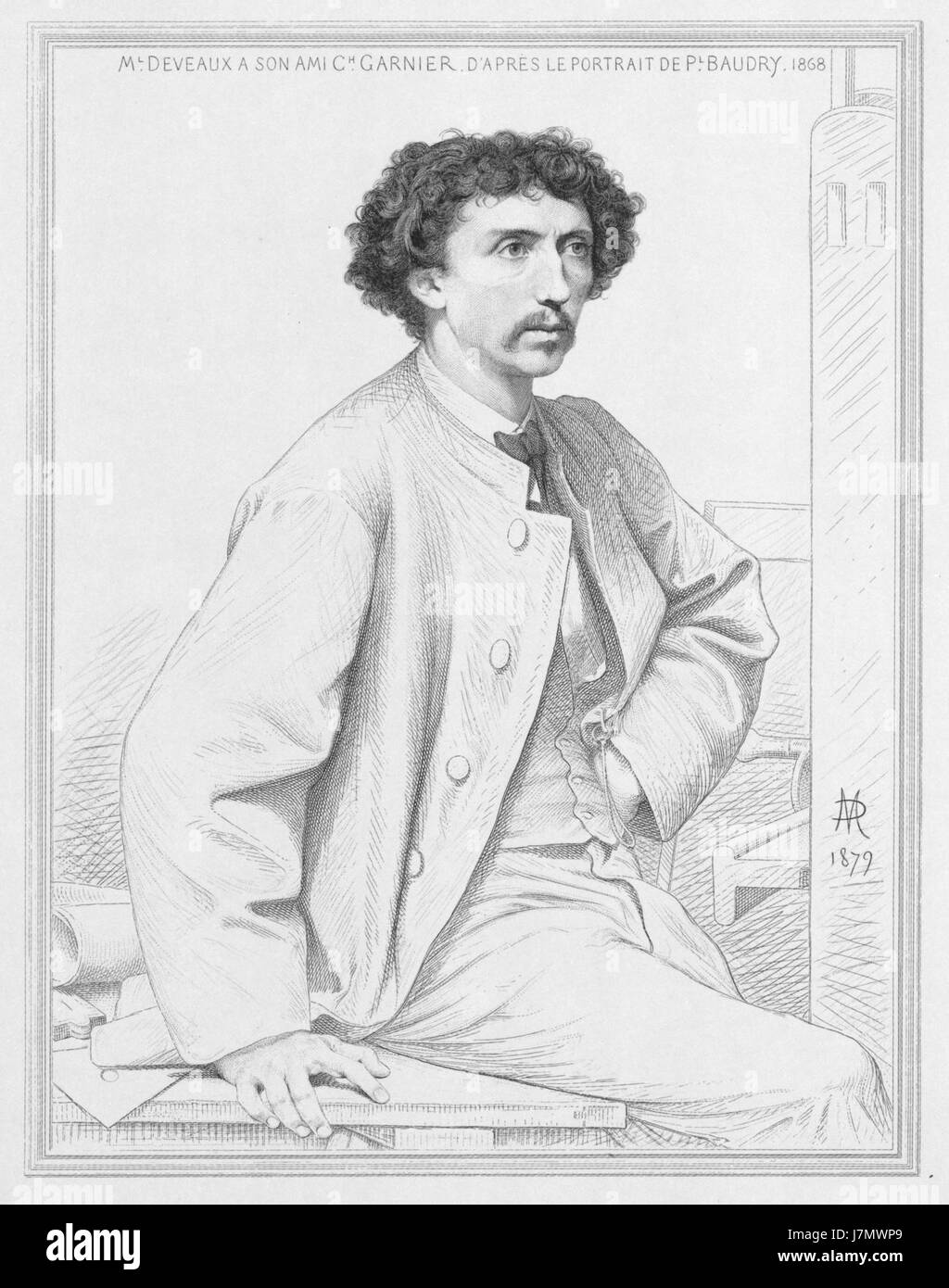 Questa immagine mostra un ritratto di Charles Garnier, l'architetto francese dietro la progettazione del Teatro dell'Opera di Parigi. L'opera è stata creata da Deveaux dopo Baudry e pubblicata nel 1969, riflettendo il significato storico di Garnier nell'architettura. Foto Stock