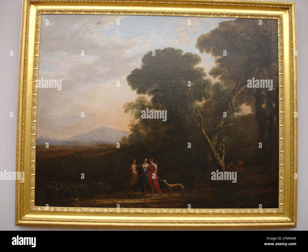 Il "paesaggio ideale romano con Cefalo, Procris e Diana" di Claude Lorena raffigura un paesaggio classico ispirato agli ideali romani. Il dipinto presenta figure mitologiche Cefalo, Procris e Diana in un ambiente naturale sereno e idealizzato. Il lavoro di Lorraineâ è noto per la sua luce atmosferica, le composizioni armoniose e l'integrazione della mitologia nel paesaggio. Foto Stock