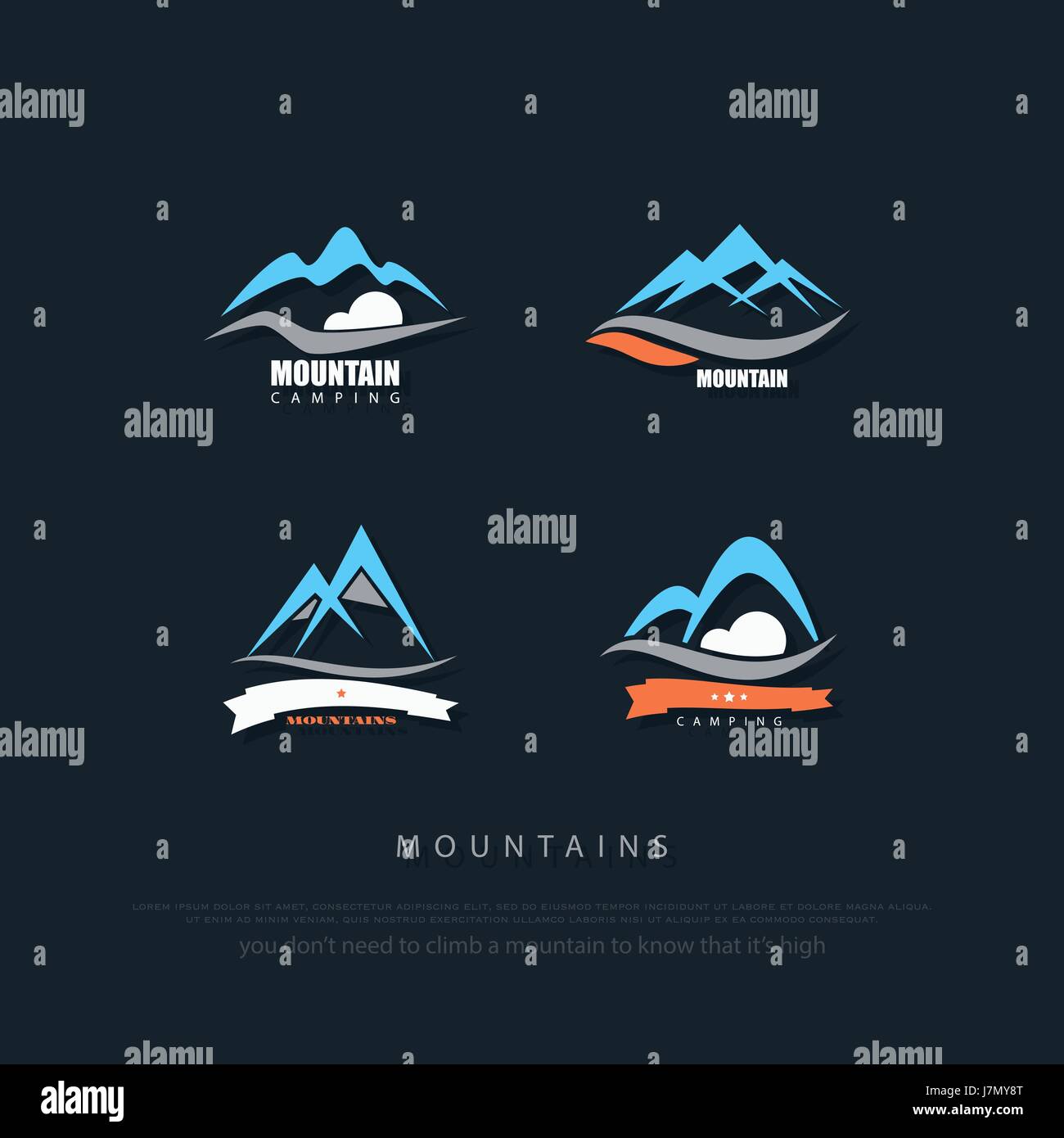 Serie di alte montagne icone vettoriali. viaggi e arrampicate su roccia concetto logo. Alpi trekking segno. hills valley logotipo. outdoor sports simbolo. camping b Illustrazione Vettoriale