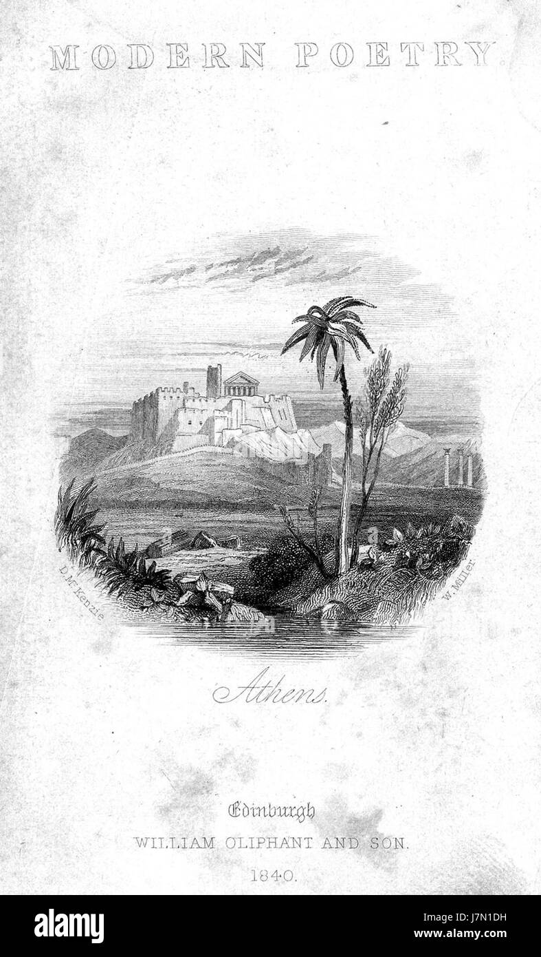 L'incisione intitolata "Athens vignette" è stata creata da William Miller dopo D. McKenzie. Rappresenta una vista panoramica di Atene, catturando l'essenza dell'architettura e dei monumenti dell'cityâ all'inizio del XIX secolo. Questo pezzo è un bell'esempio di incisione e arte dei primi anni del XIX secolo. Foto Stock