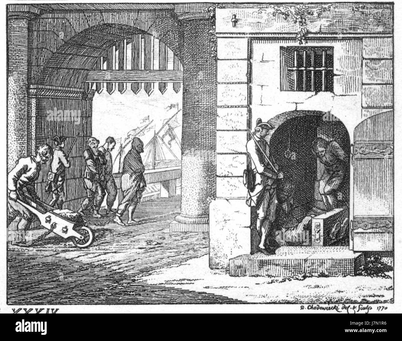 Questa immagine proviene da un'opera di Daniel Chodowiecki, che presenta un piatto intitolato "Basedow Tafel 34 d", probabilmente parte di una serie di incisioni che esplora temi educativi o scientifici, caratteristici dello stile di Chodowieckiâ. Foto Stock