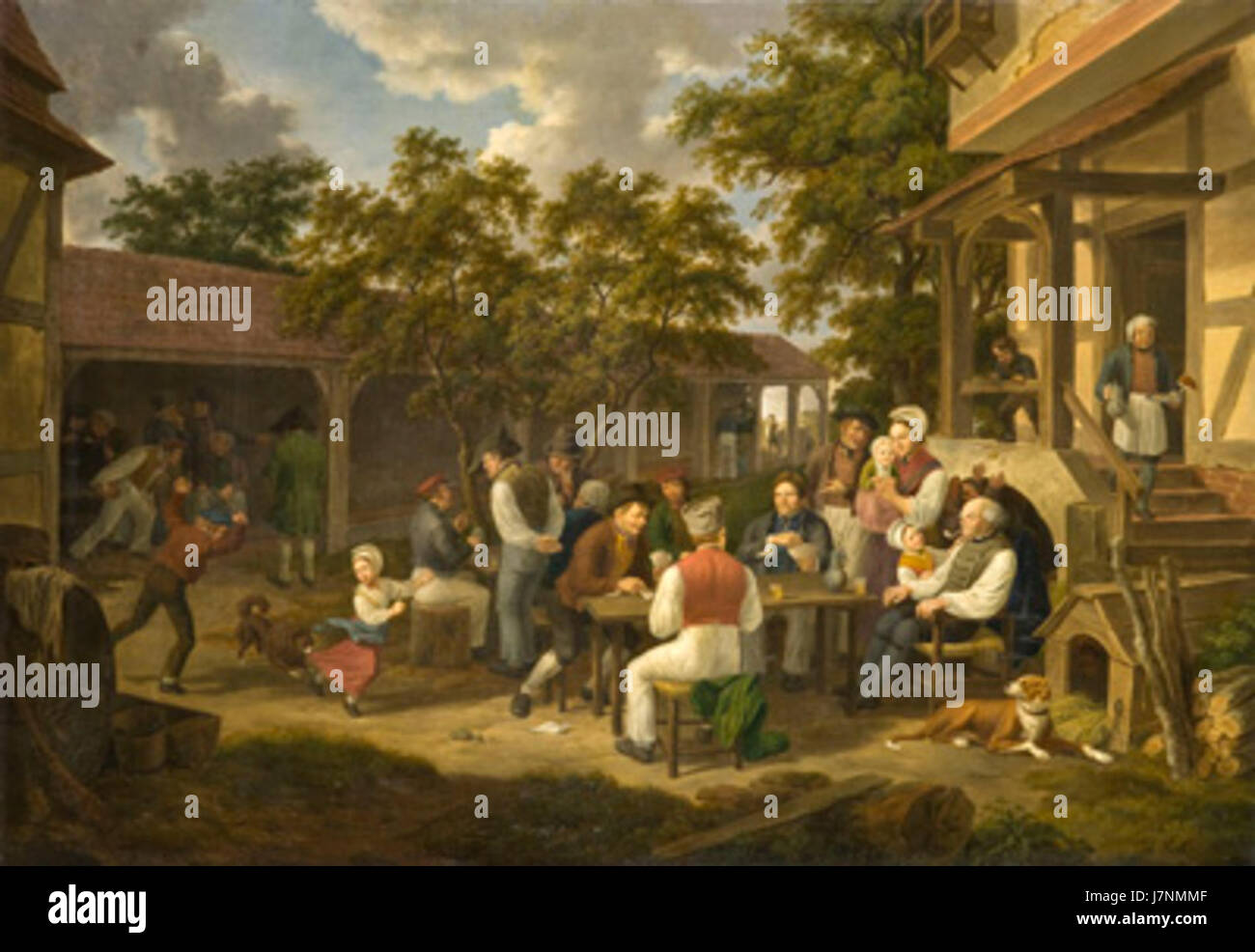 Questa immagine mostra l'Apfelweinwirtschaft di Anton Radl, una tradizionale taverna di mele, del 1801. Situato in Germania, è una rappresentazione storica della cultura vinicola locale incentrata sul vino di mela, una specialità regionale della zona. Foto Stock