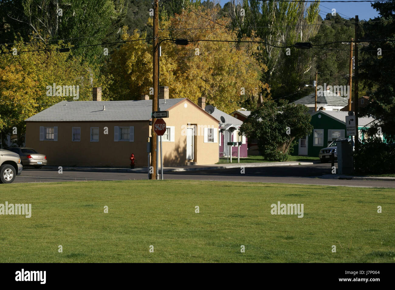 Questa immagine raffigura case lungo Clark Street a Ely, Nevada, mostrando gli stili architettonici e la disposizione di quest'area nel 2012. La foto cattura le strutture residenziali di questa piccola città del Nevada. Foto Stock