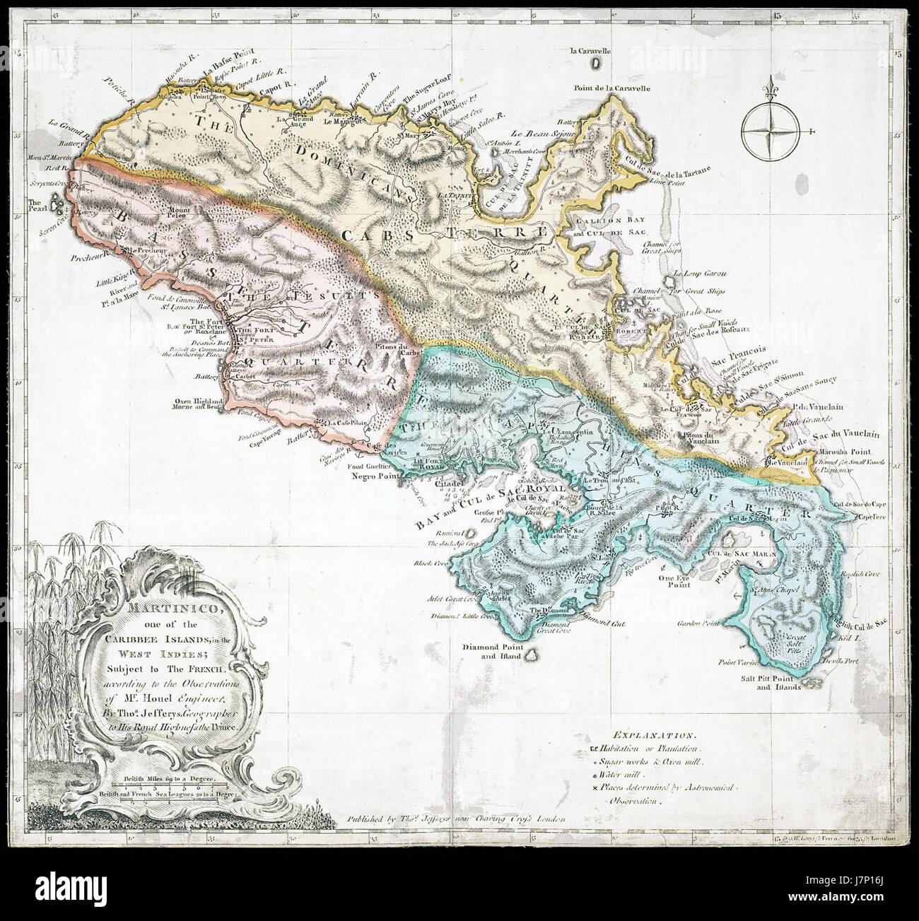 Il piano della Martinica del 1760 fornisce una mappa dettagliata dell'isola, mostrando i punti di riferimento, gli insediamenti e le infrastrutture chiave durante il periodo coloniale. Foto Stock