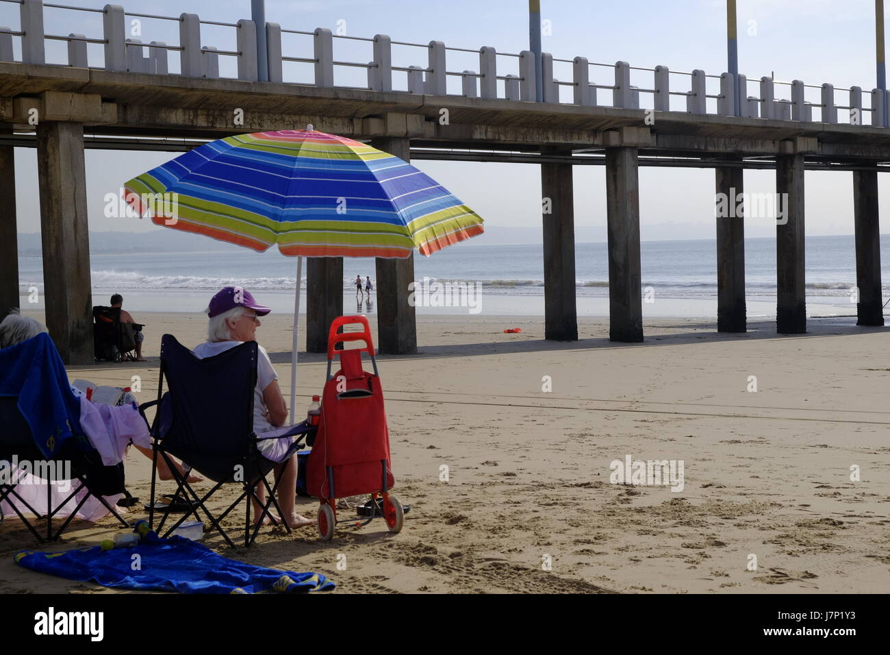 Coppia in pensione con il loro cane sedersi in sedie a sdraio sulla spiaggia godendosi il bel clima autunnale a Durban sulla costa orientale del Sud Africa. Foto Stock