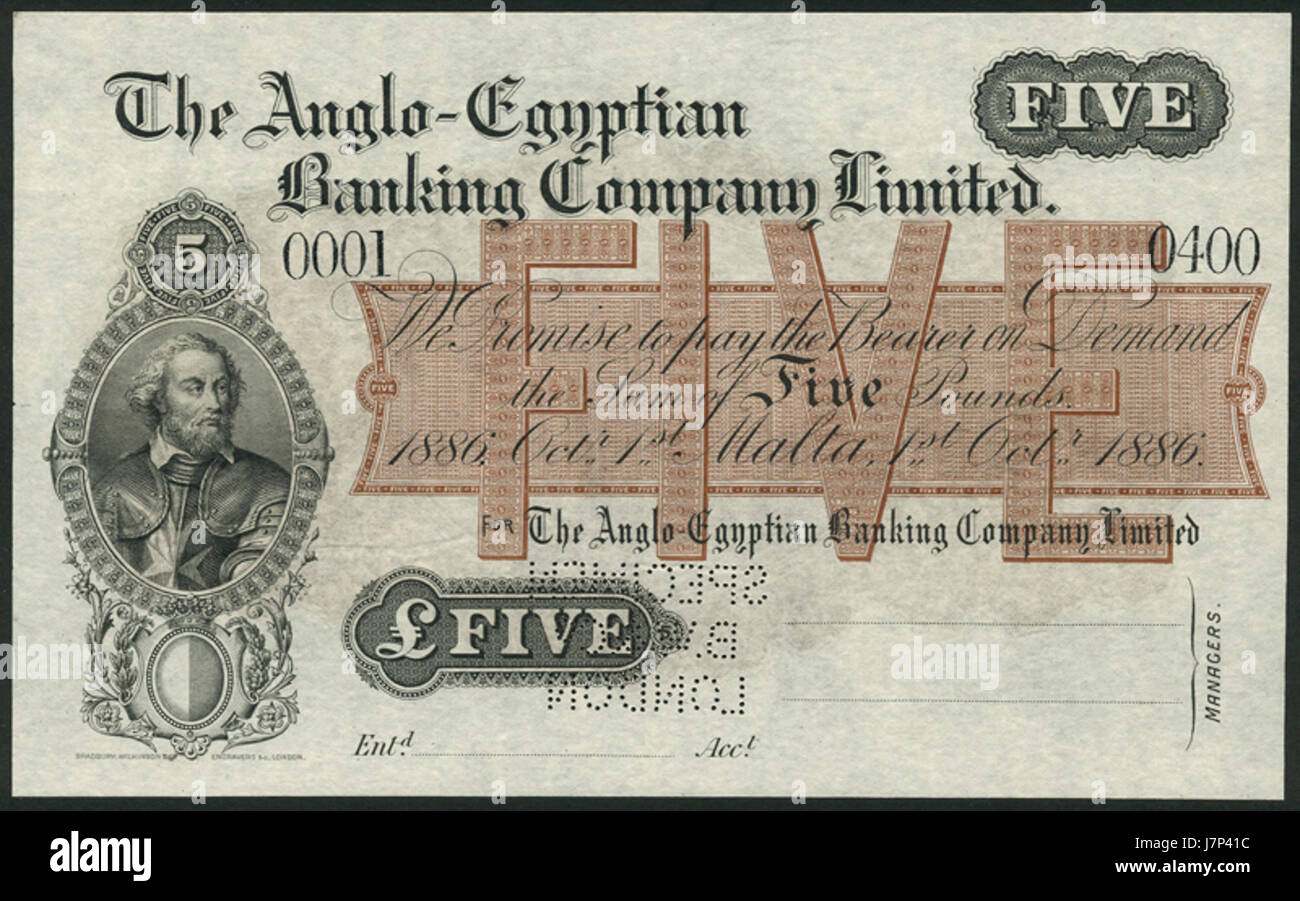 Anglo-Egyptian Banking Co. Malta Cinque libbre modello 1886 Foto Stock