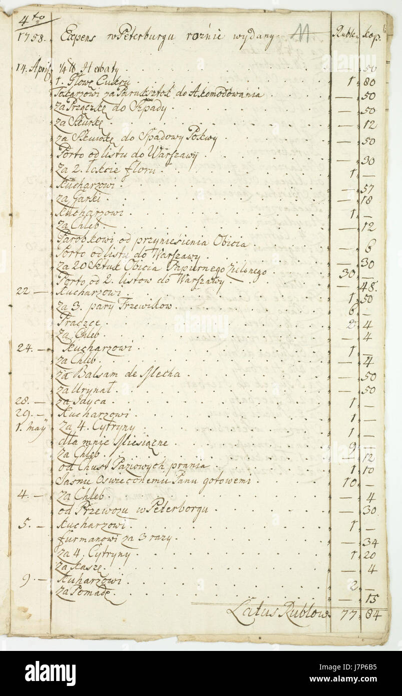 Questo documento, intitolato "AGAD Rachunki podrozy Warszawa Petersburg 1758", è un registro di un conto di viaggio tra Varsavia e San Pietroburgo nel 1758, che riflette la logistica del viaggio e i dettagli del periodo. Foto Stock