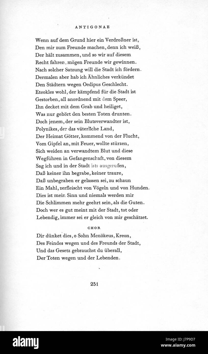 "Antigonae" si riferisce all'antica tragedia greca di Antigone, scritta da Sofocle. Questo lavoro, visto nella sua 231a riga, esplora temi del dovere, della lealtà e del conflitto tra le credenze personali e la legge statale. Foto Stock