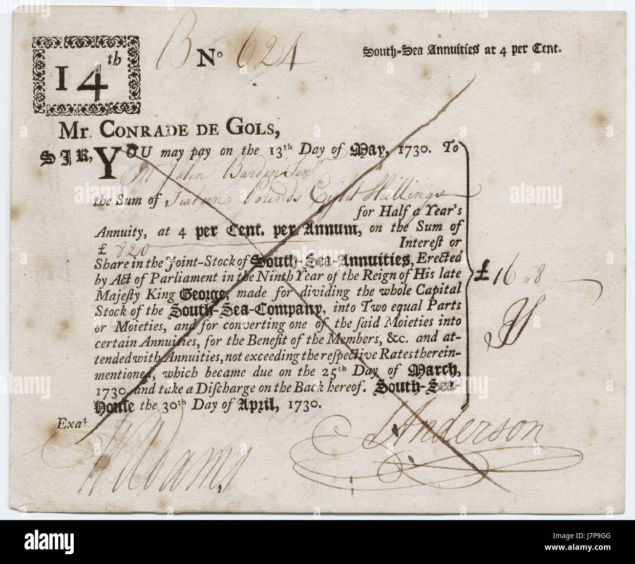 Le annualità di preavviso forma stampata dal South Sea Company 30 Aprile 1730 Foto Stock