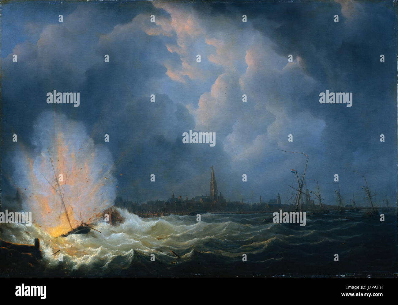 L'esplosione della cannoniera n. 2 sotto il comando di Jan van Speijk ad Anversa il 5 febbraio 1831, fu un evento significativo nella storia belga. L'esplosione, catturata in un'opera d'arte di Martinus Schouman, riflette la turbolenza della rivoluzione belga. Foto Stock