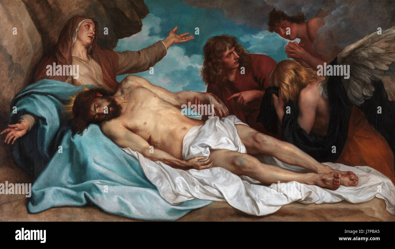 Un dipinto di Anthony van Dyck intitolato "Bewening van Christus", raffigurante il lutto del corpo di Cristo dopo la crocifissione. Questo lavoro esemplifica lo stile barocco dell'artista e la sua attenzione all'espressione emotiva e all'illuminazione drammatica. Foto Stock