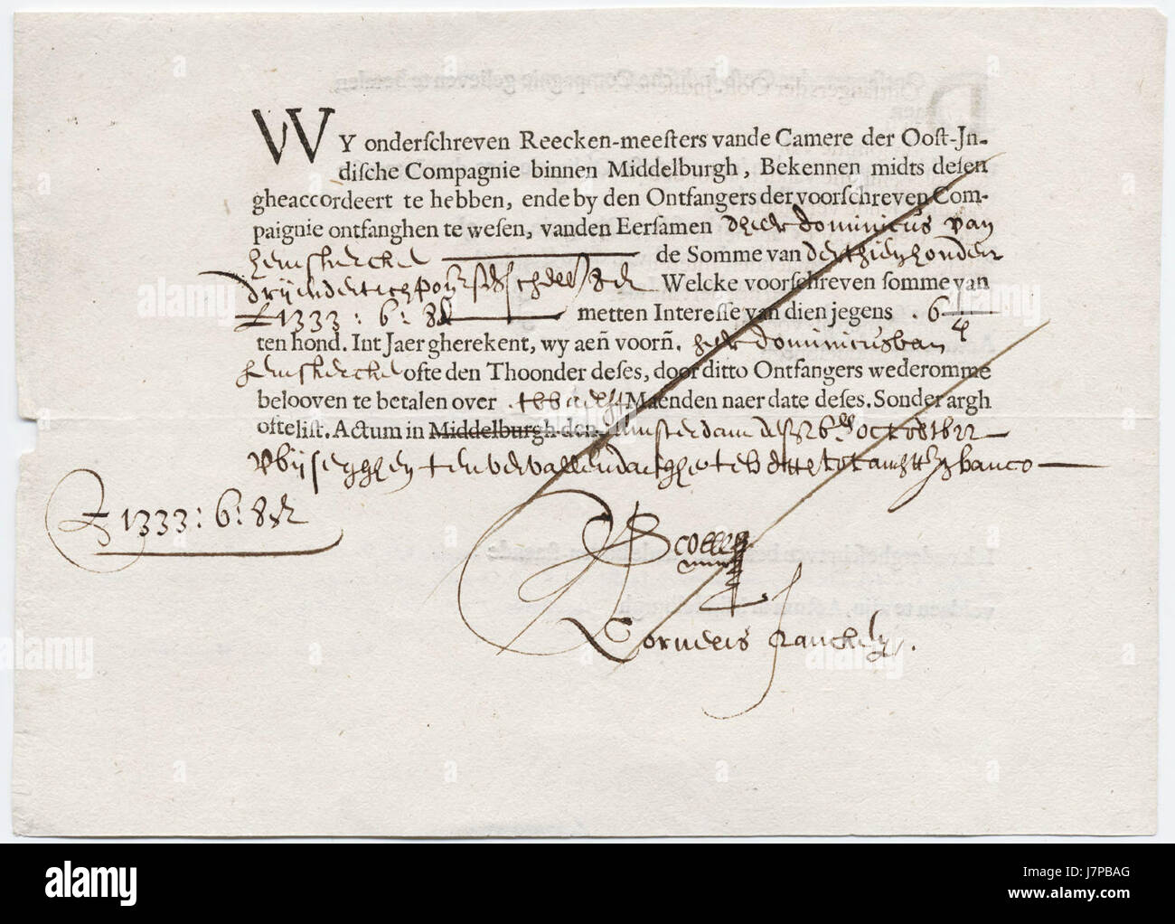 Obbligazione emessa da parte dell'Olandese East India Company forma stampata 1622 1623 Foto Stock