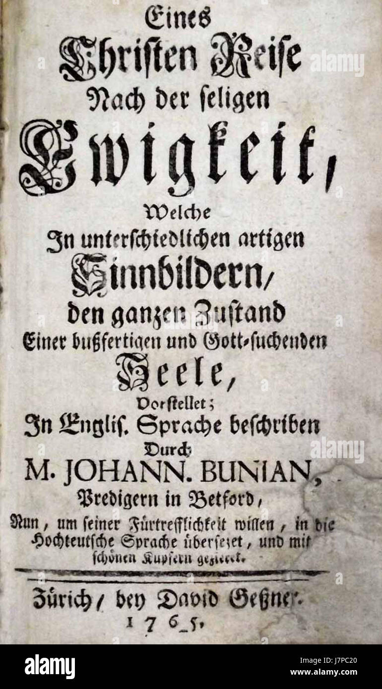 "Bunyan eines Christen Reise" (il progresso del Pellegrino) è un'edizione tedesca del 1765 della famosa allegoria religiosa di John Bunyan. Il testo segue il viaggio del cristiano mentre affronta le prove spirituali, offrendo lezioni morali. Foto Stock