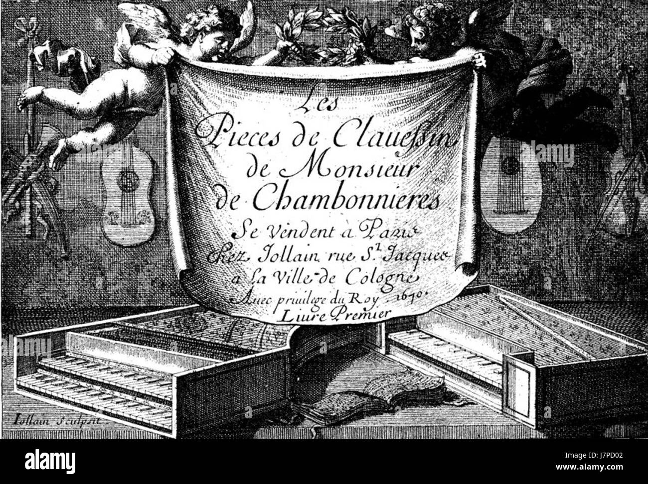 La cover di Livre 1 di ChambonniÃ¨res, un compositore francese noto per la sua musica per clavicembalo nel periodo barocco, che mostra il titolo e i temi musicali. Foto Stock